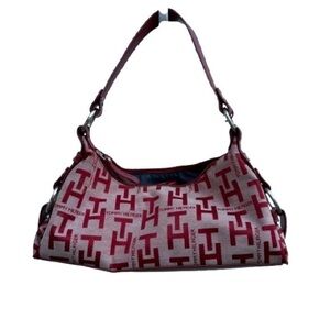 Tommy Hilfiger Red Monogram Shoulder Bag Canvas & Leather Hobo Purse